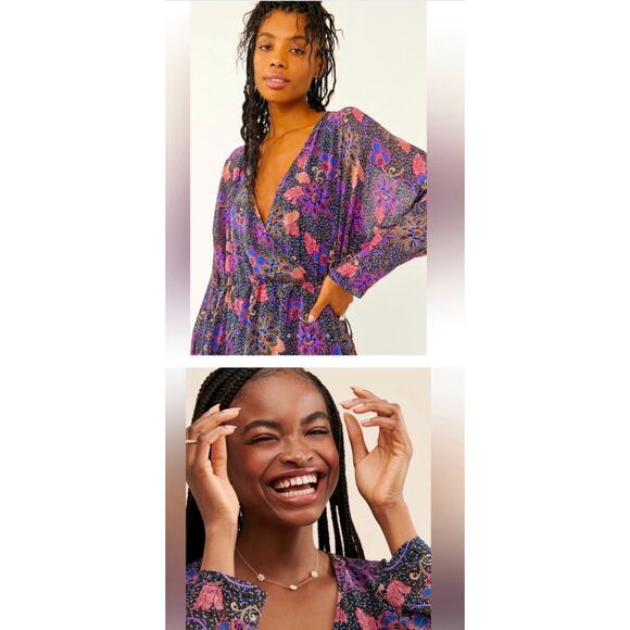 FREE PEOPLE TEEGAN MINI DRESS IN TWILIGHT COMBO  FAUX WRAP LONG SLEEVES BOHO-NEW - Picture 4 of 7